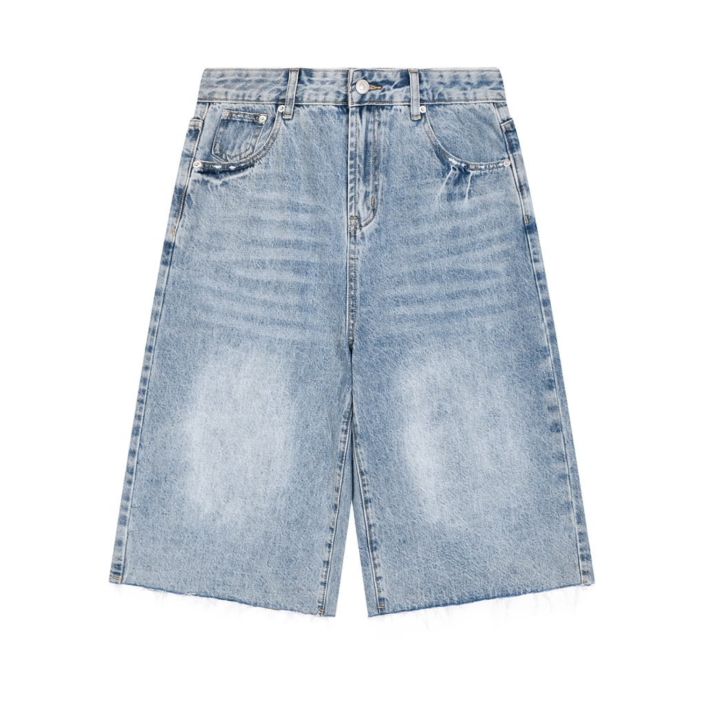Anointed Garments vintage washed denim shorts with a wide-leg, knee-length silhouette and raw hem detail.