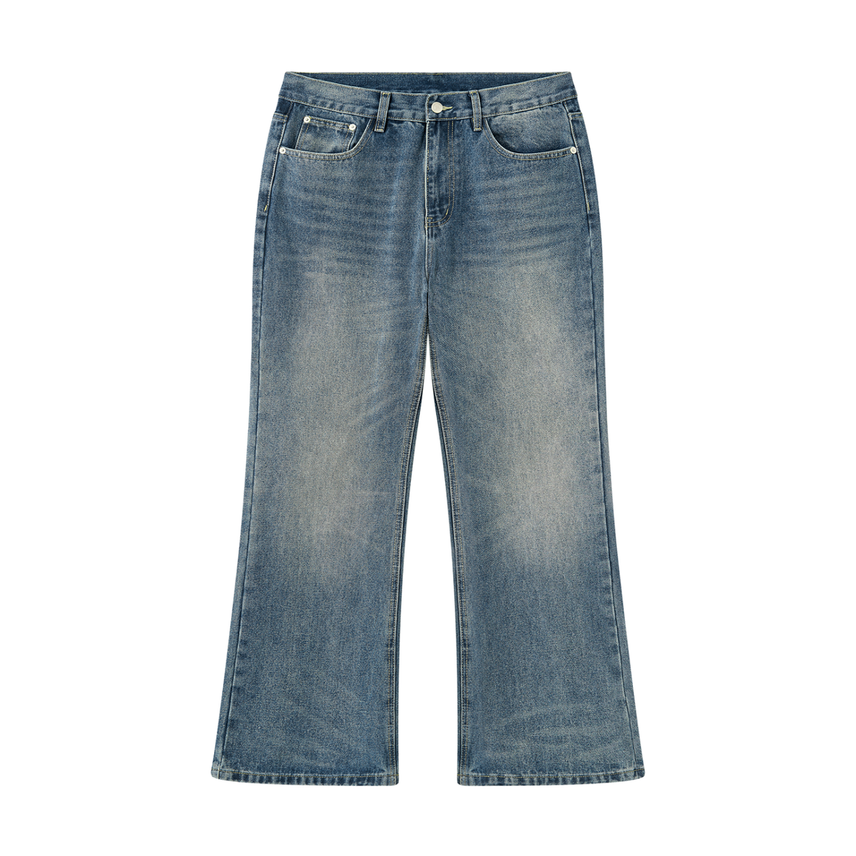 Anointed Garments vintage washed blue flare pants with a mid-rise waist and worn-in denim aesthetic.
