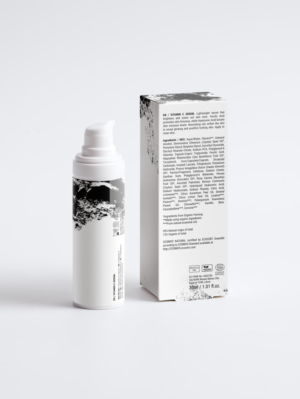 Anointed Garments Vitamin C brightening serum bottle and packaging box with black and white botanical print design.