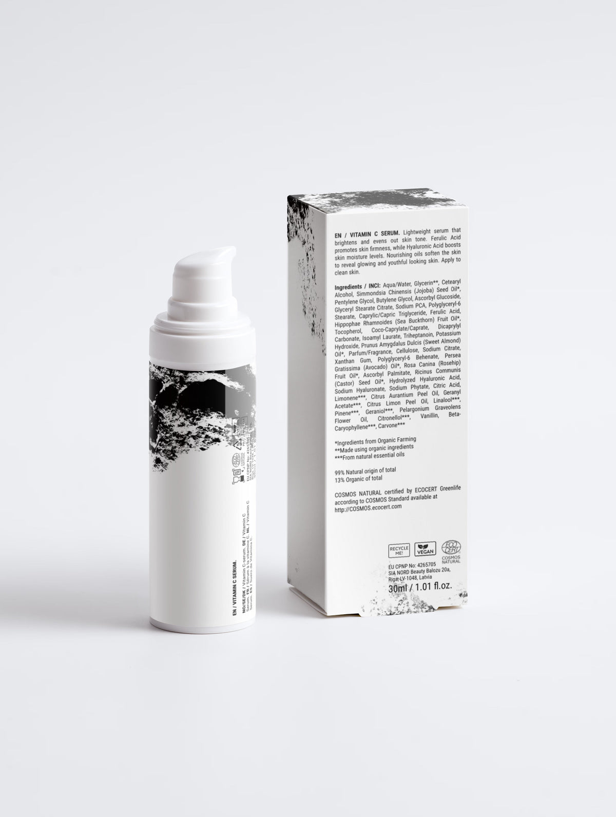 Anointed Garments Vitamin C brightening serum bottle and packaging box with black and white botanical print design.