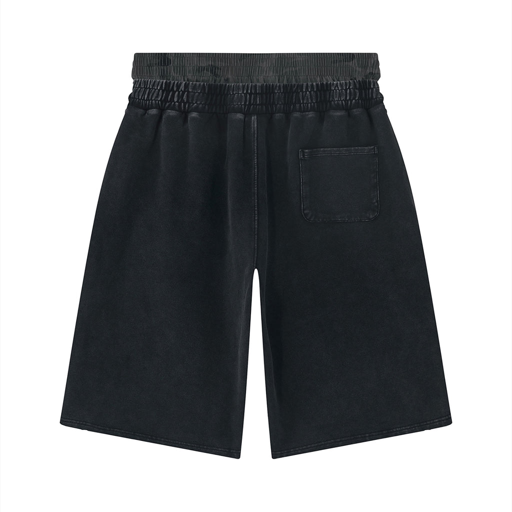 Anointed Garments washed-black cotton casual shorts with an elastic waistband and a single rear patch pocket.