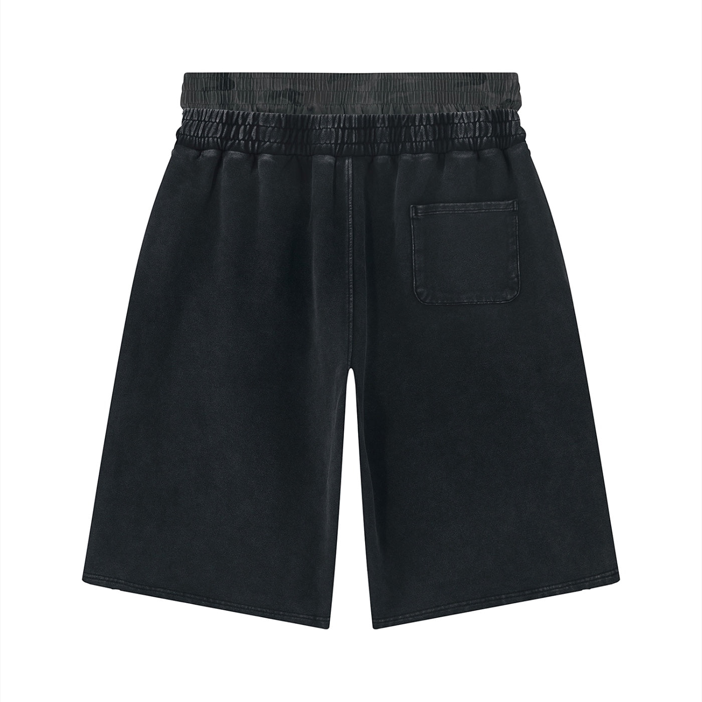 Anointed Garments washed-black cotton casual shorts with an elastic waistband and a single rear patch pocket.