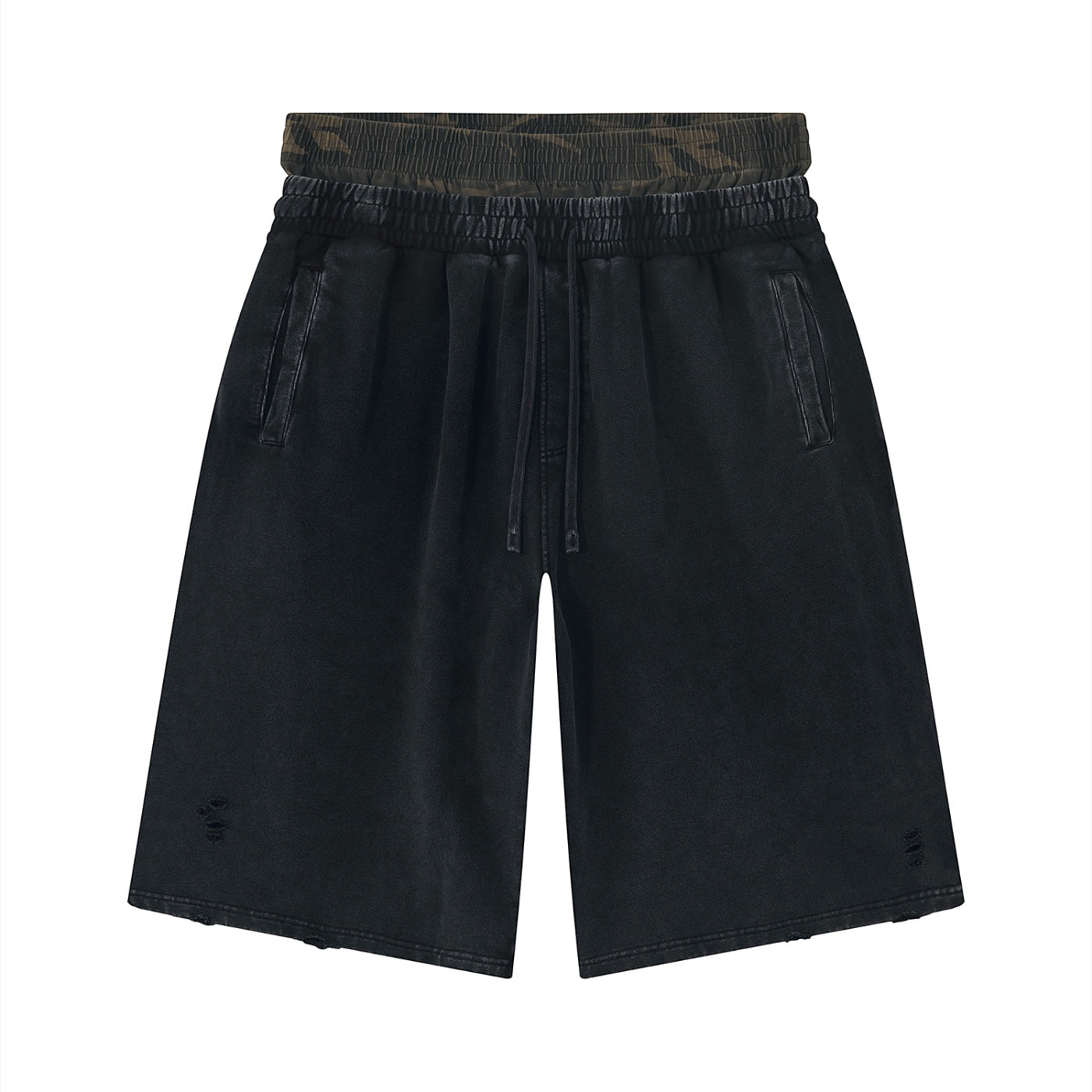 Anointed Garments washed-black cotton shorts with elastic waistband, drawstring, and distressed hem details.