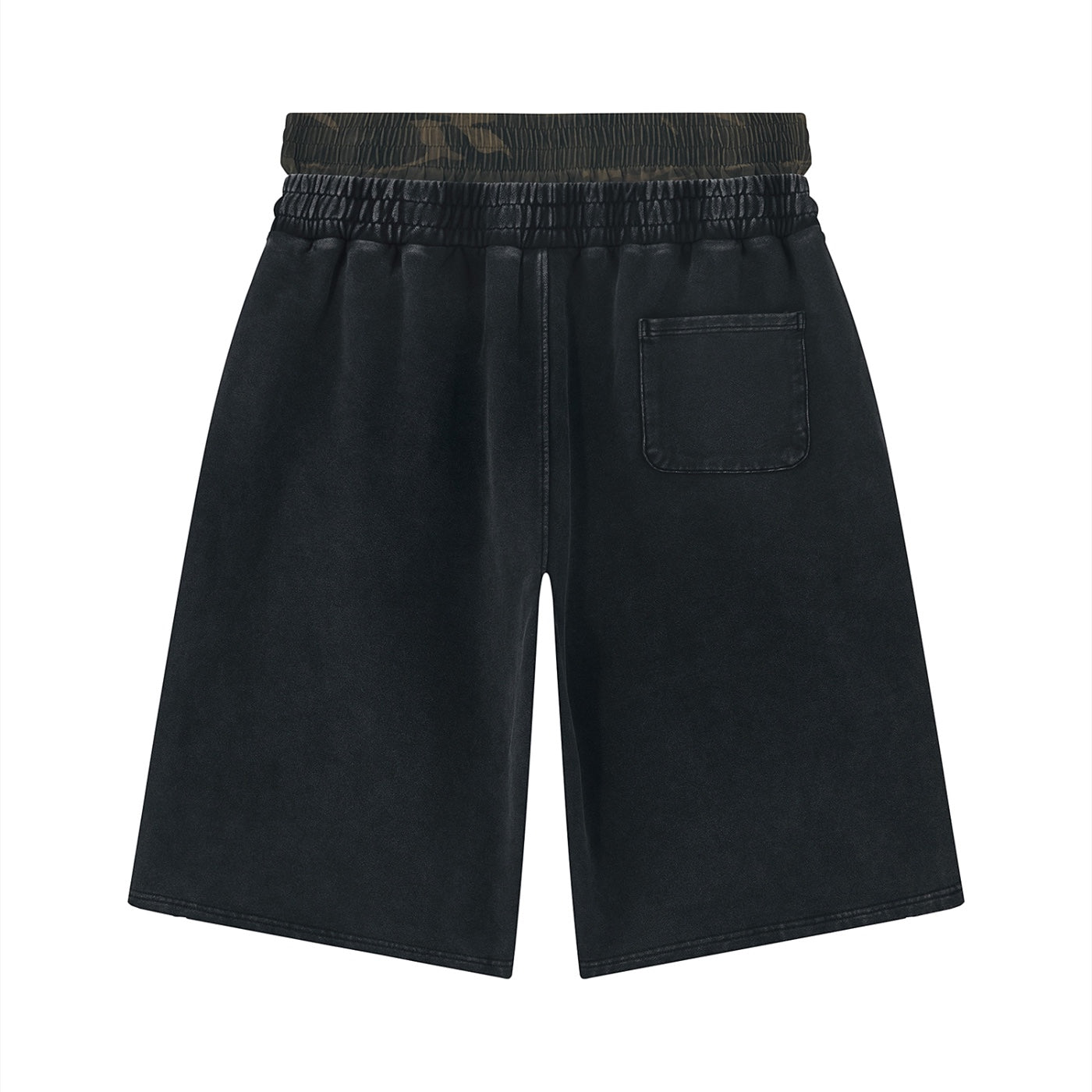 Anointed Garments washed-black cotton shorts with an elastic waistband, rear patch pocket, and relaxed fit.