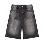 Anointed Garments washed black wide leg denim shorts with distressed detailing and five-pocket styling
