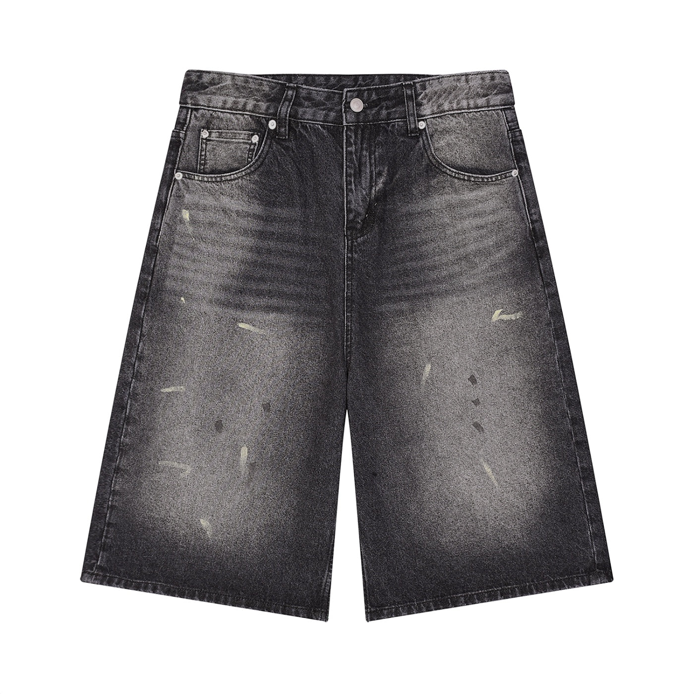 Anointed Garments washed black wide leg denim shorts with distressed detailing and five-pocket styling