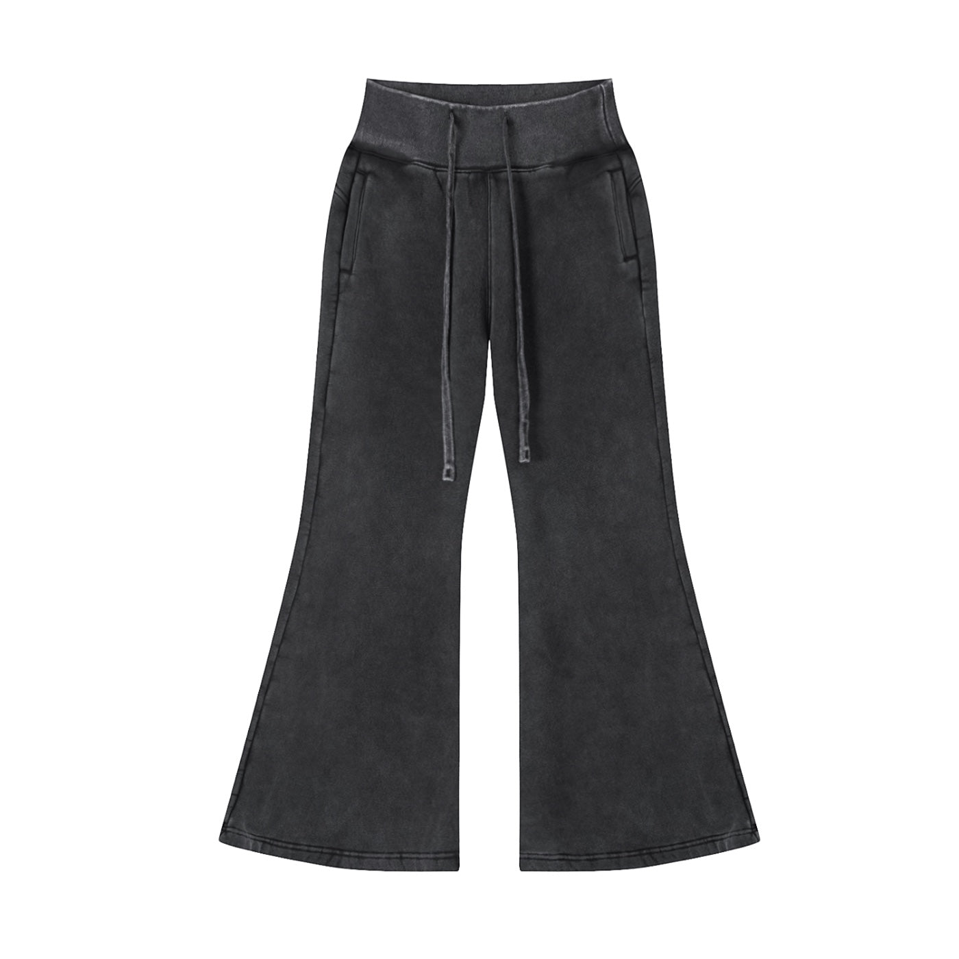 Anointed Garments vintage washed black fleece flared pants with a mid-waist drawstring and side pockets.