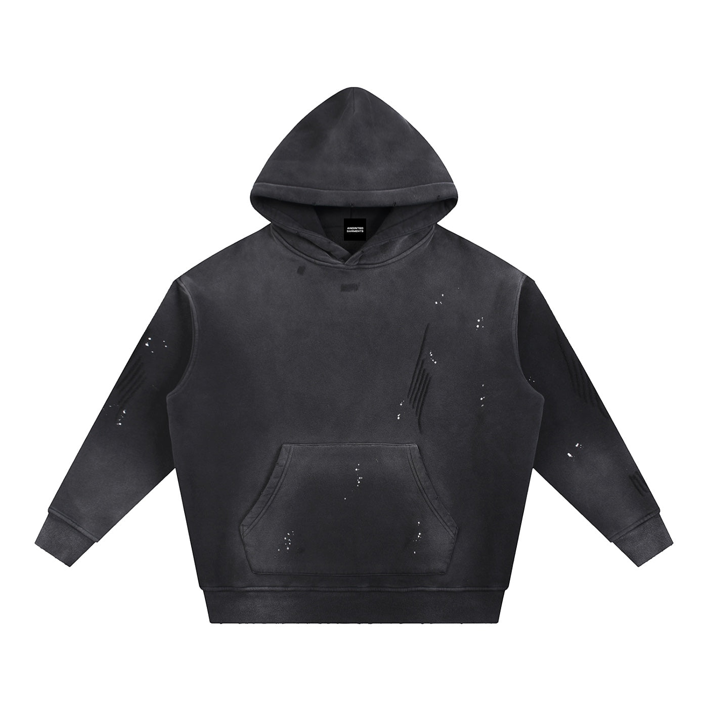 Anointed Garments vintage washed black fleece hoodie with frayed details and a front kangaroo pocket