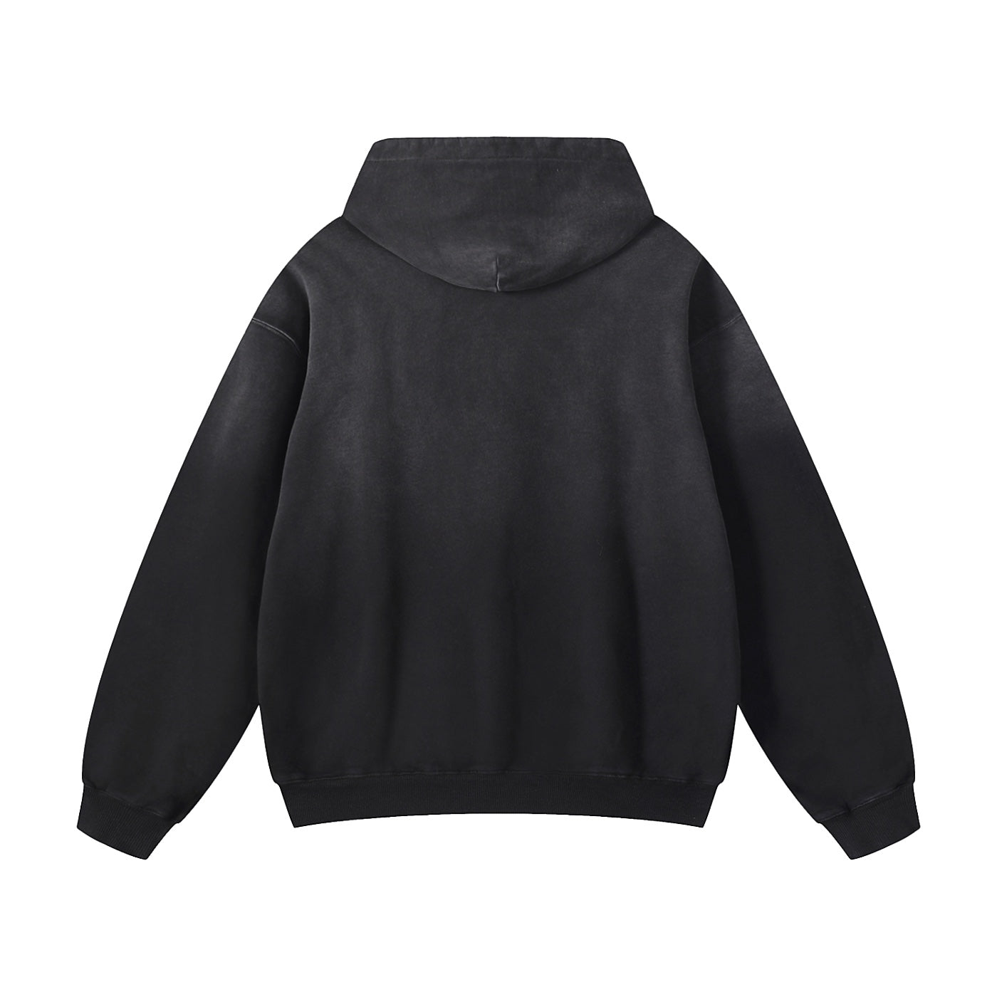 Back view of Anointed Garments Essential Pullover Hoodie in washed black heavyweight cotton with a relaxed fit.