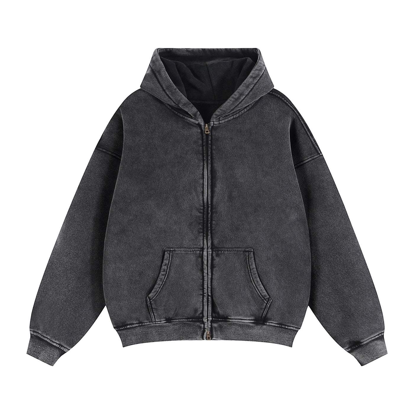 Anointed Garments unisex washed black zip-through boxy fleece hoodie with drop shoulders and front pockets.