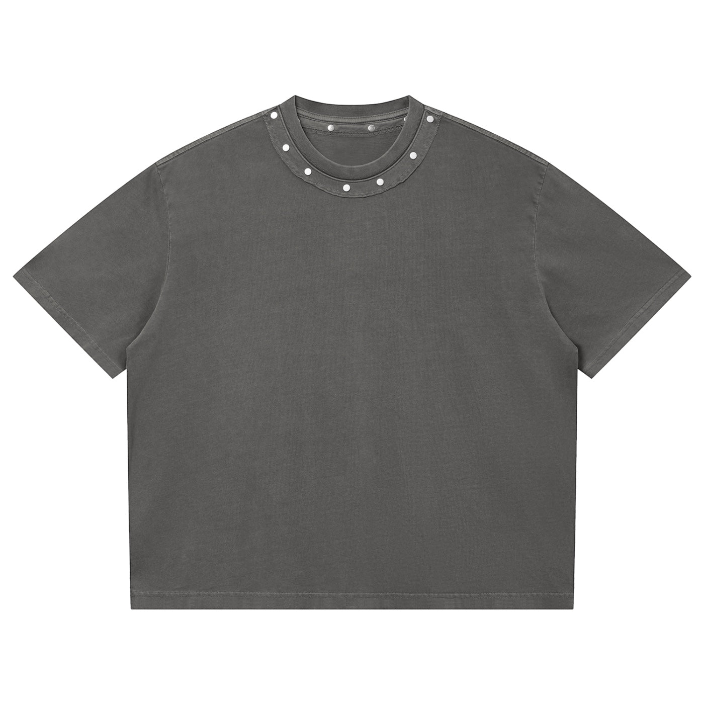 Anointed Garments unisex washed grey cotton t-shirt with a boxy fit, drop shoulders, and silver studded neckline.