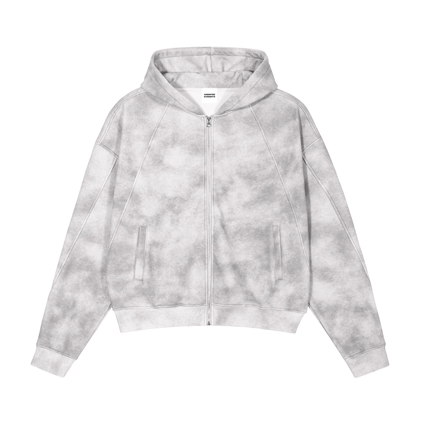 Anointed Garments unisex full zip hoodie in a washed-grey tie-dye cotton blend with side pockets and ribbed cuffs.