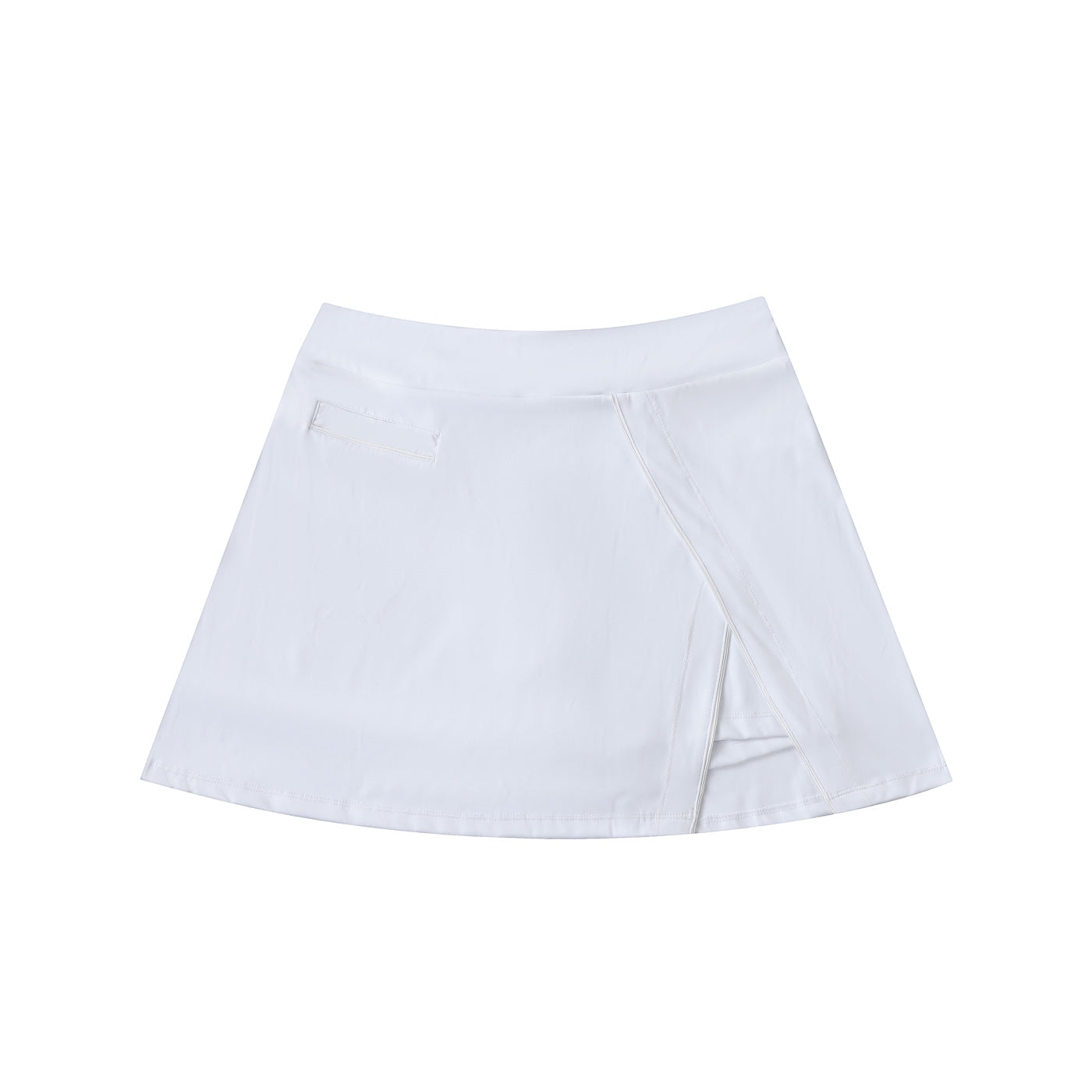 Anointed Garments white athletic performance skort with a side slit, built-in liner, and pocket in moisture-wicking fabric
