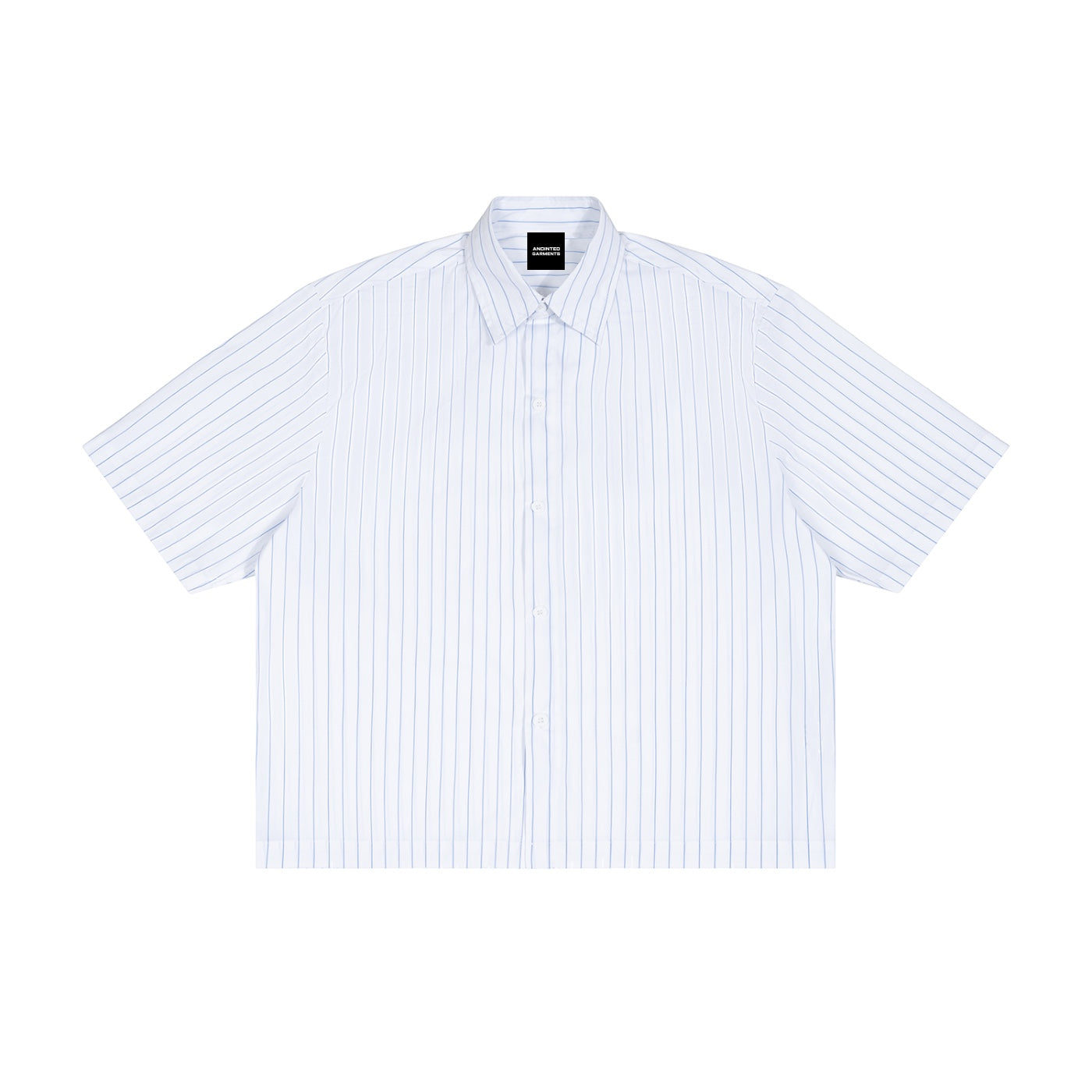 Anointed Garments short sleeve button down shirt in white with blue pinstripes and a classic collar.