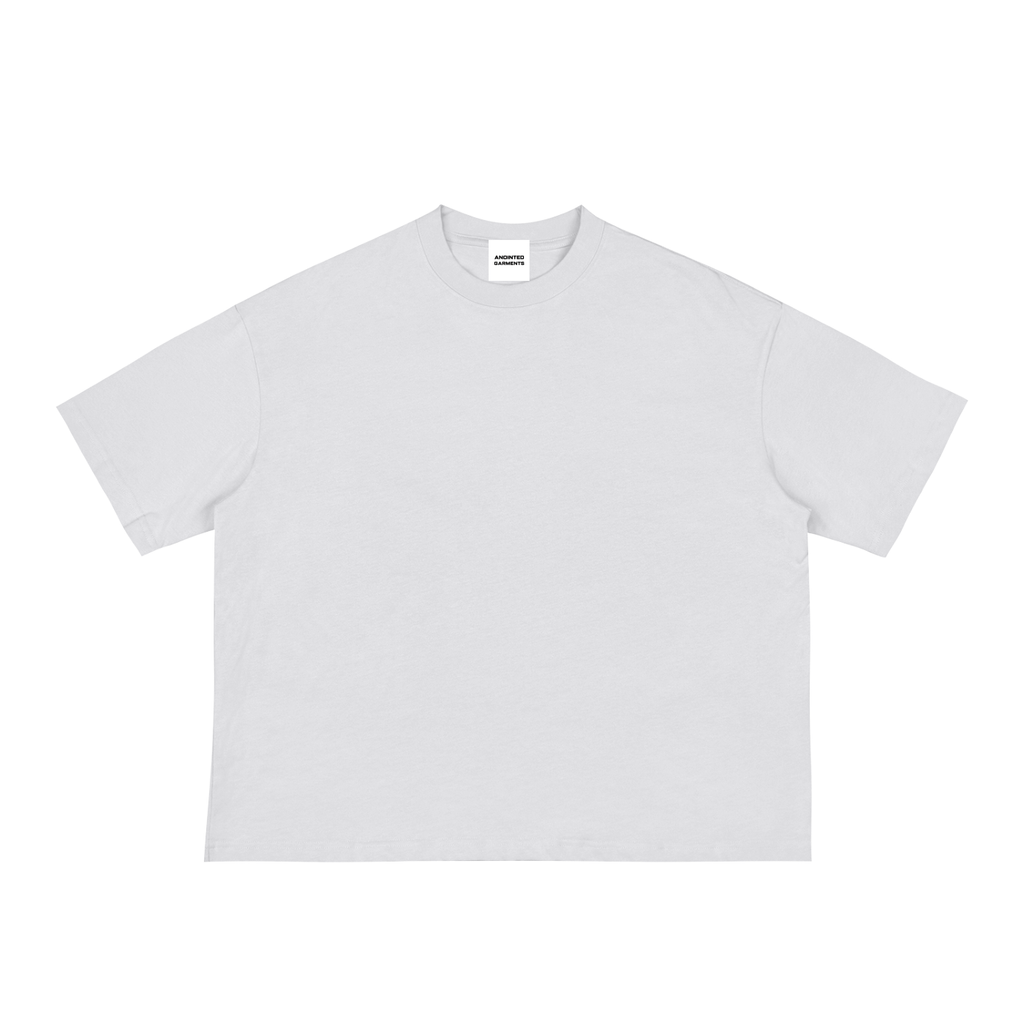 Anointed Garments white boxy cotton t-shirt with a relaxed fit, drop shoulders, and a ribbed crew neckline.