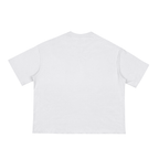 Back view of a plain white Anointed Garments boxy cotton tee with drop shoulders and a relaxed fit.