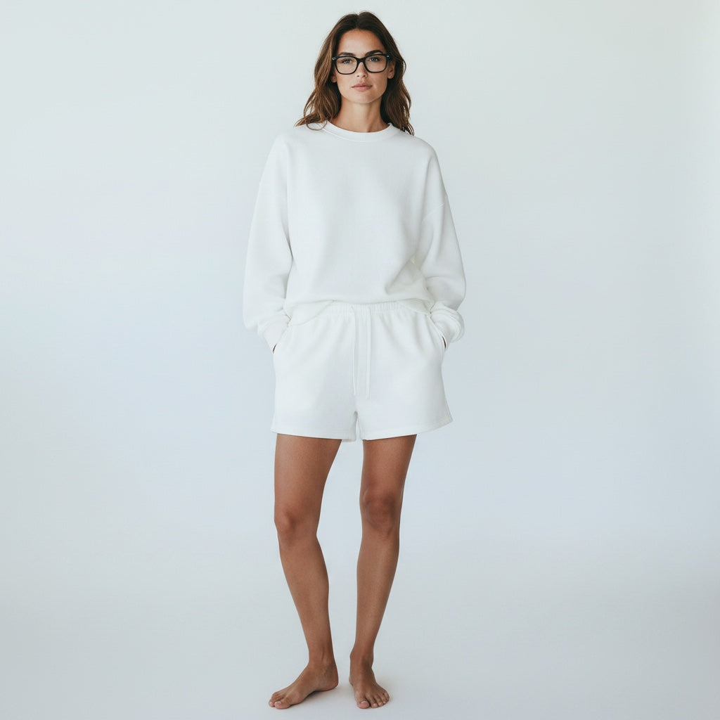 Woman wearing Anointed Garments white fleece lounge shorts and matching sweatshirt with an elasticated drawstring waist