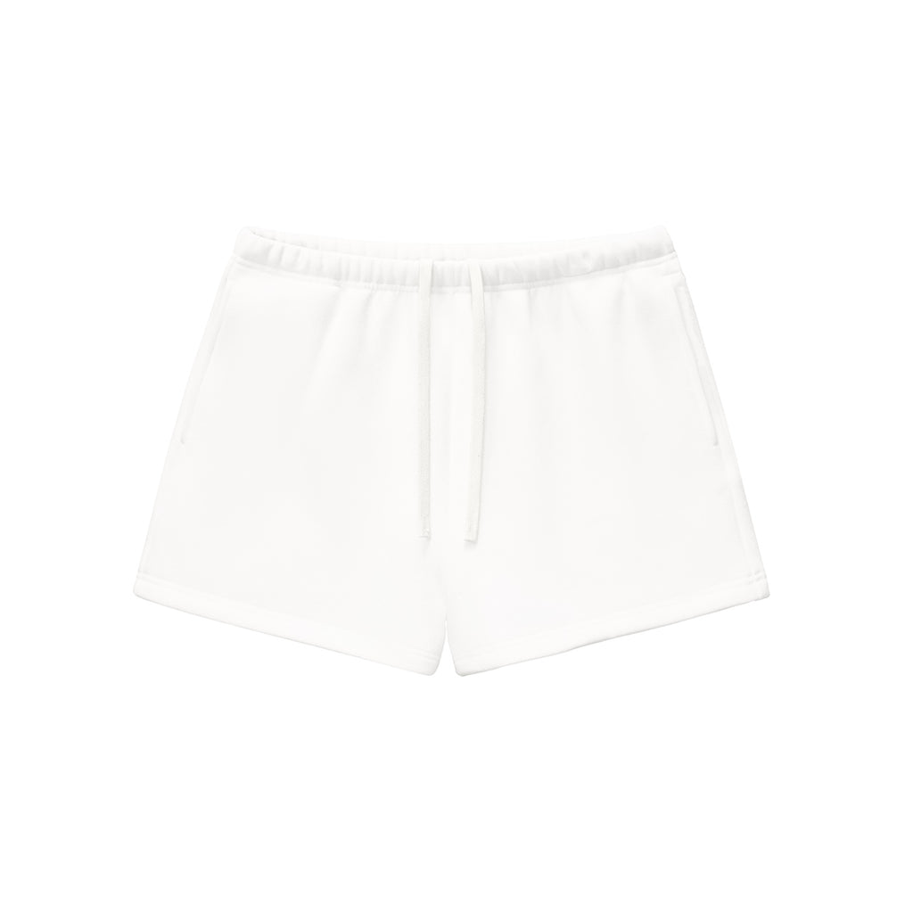 Anointed Garments white fleece drawstring sweatshorts with a loose, casual fit and elastic waistband.