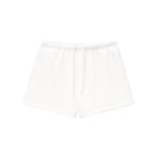 Anointed Garments white fleece drawstring sweatshorts with a loose, casual fit and elastic waistband.
