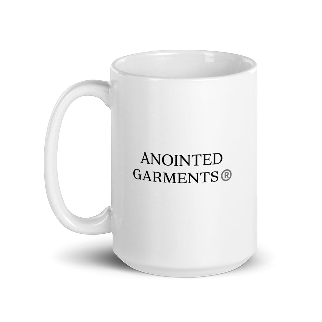 Anointed Garments white glossy ceramic mug with black logo print, dishwasher and microwave safe.