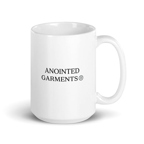 Anointed Garments white glossy ceramic mug with black logo print, dishwasher and microwave safe.