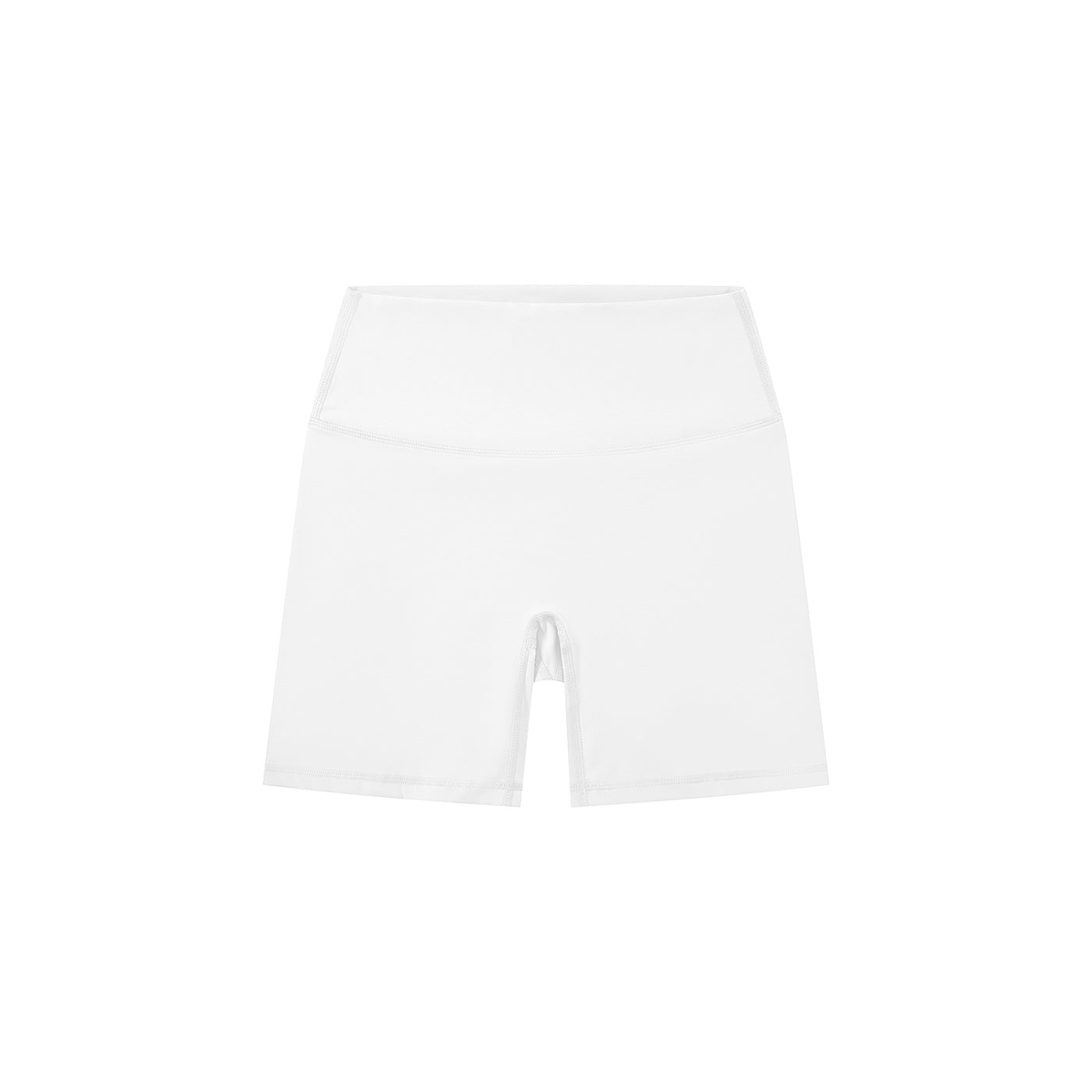 Anointed Garments white high-waisted biker shorts made from a nylon-spandex blend for a sporty bodycon fit.
