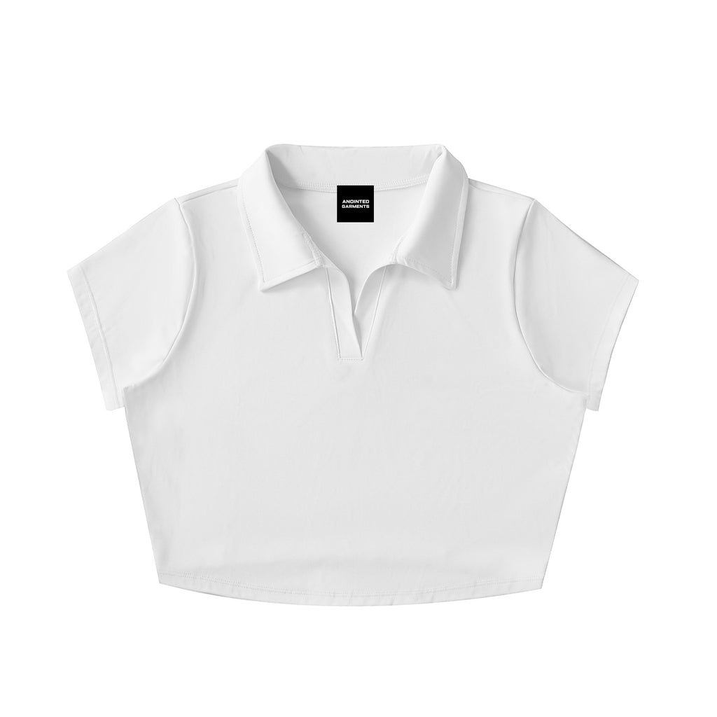 Anointed Garments white V-neck crop top with a lapel collar, made from a stretchy nylon-spandex blend.