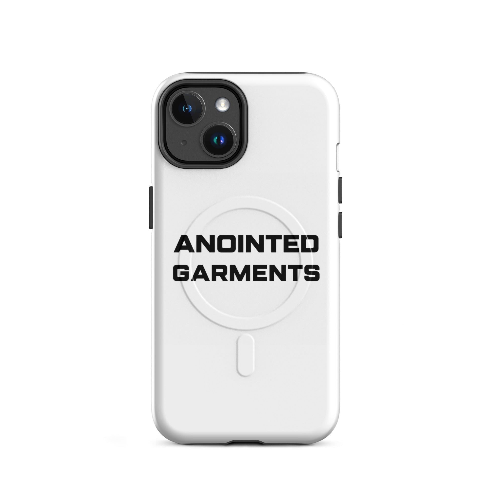 Anointed Garments white MagSafe compatible protective mobile phone case with black logo branding