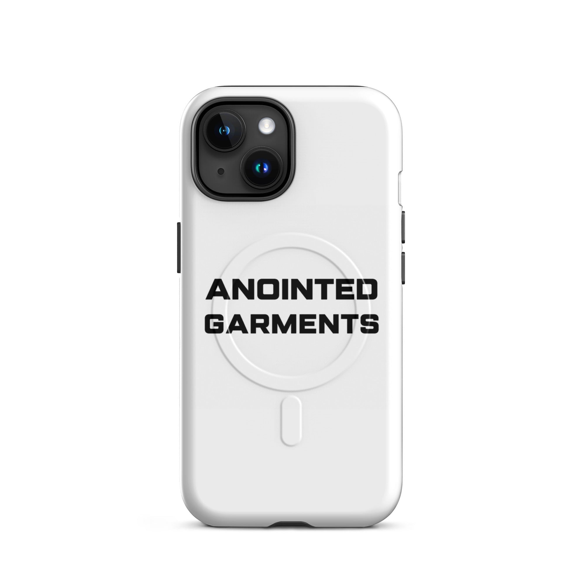 Anointed Garments white MagSafe compatible protective mobile phone case with black logo branding