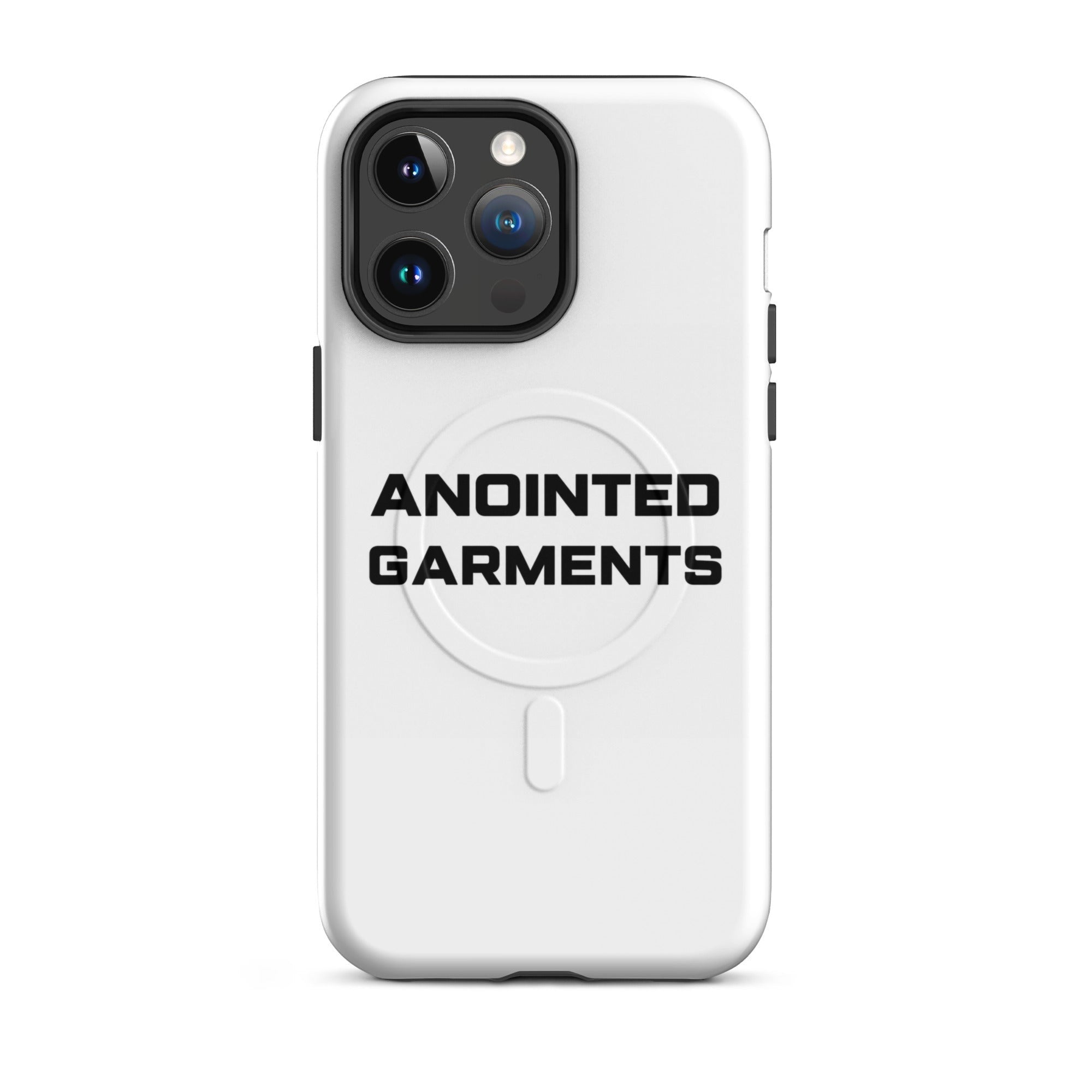 Anointed Garments white MagSafe compatible protective phone case with black logo branding
