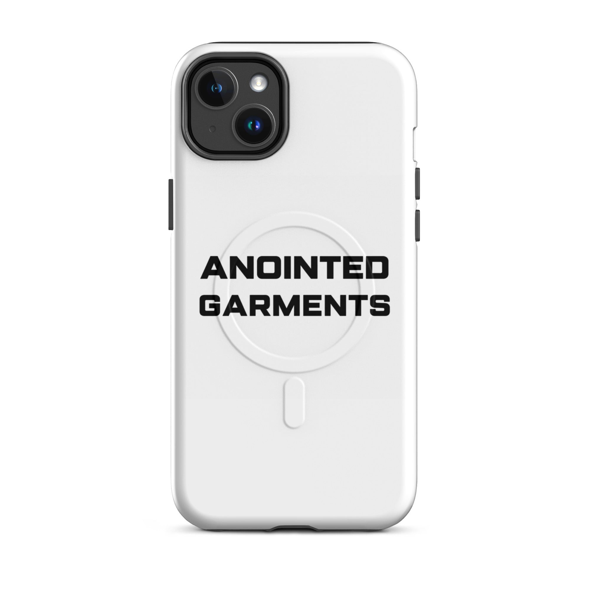 Anointed Garments white MagSafe compatible protective mobile phone case with black logo branding.