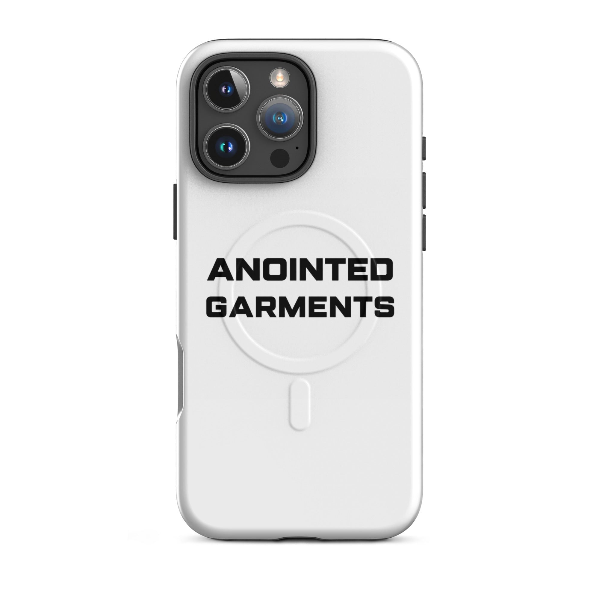 Anointed Garments white MagSafe compatible protective mobile phone case with black logo branding