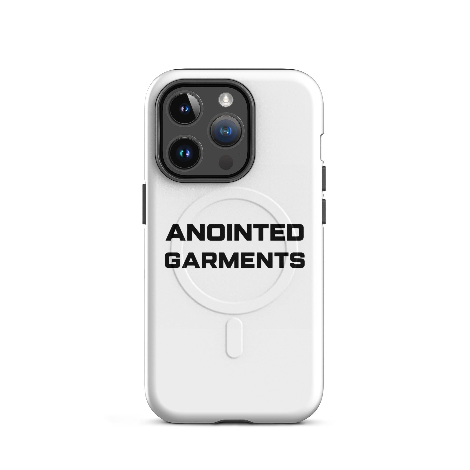 Anointed Garments white MagSafe compatible protective phone case with black logo branding on a smartphone