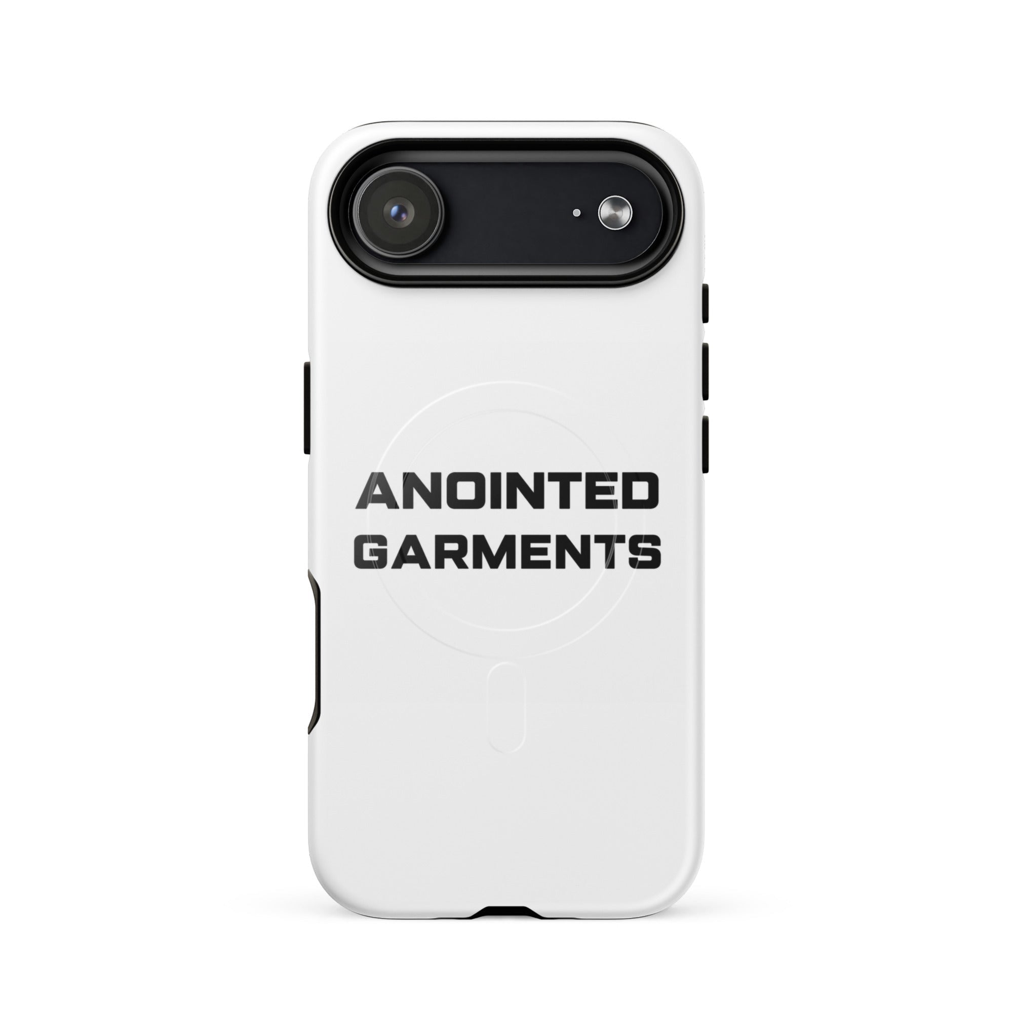 Anointed Garments white MagSafe compatible protective mobile phone case with black camera housing and logo branding.