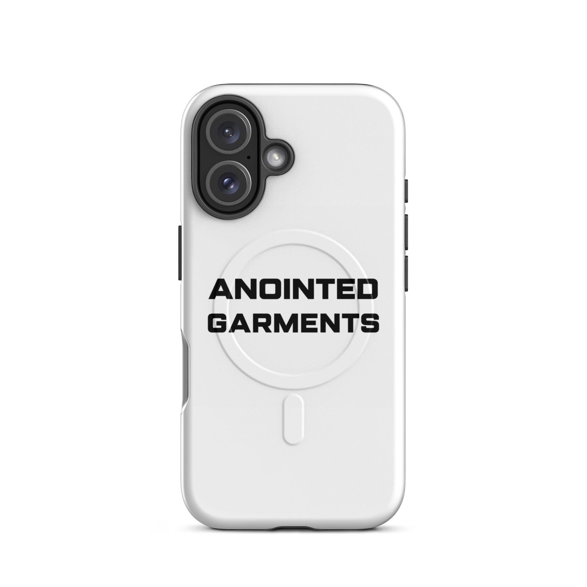 Anointed Garments white MagSafe compatible protective phone case with black logo branding.