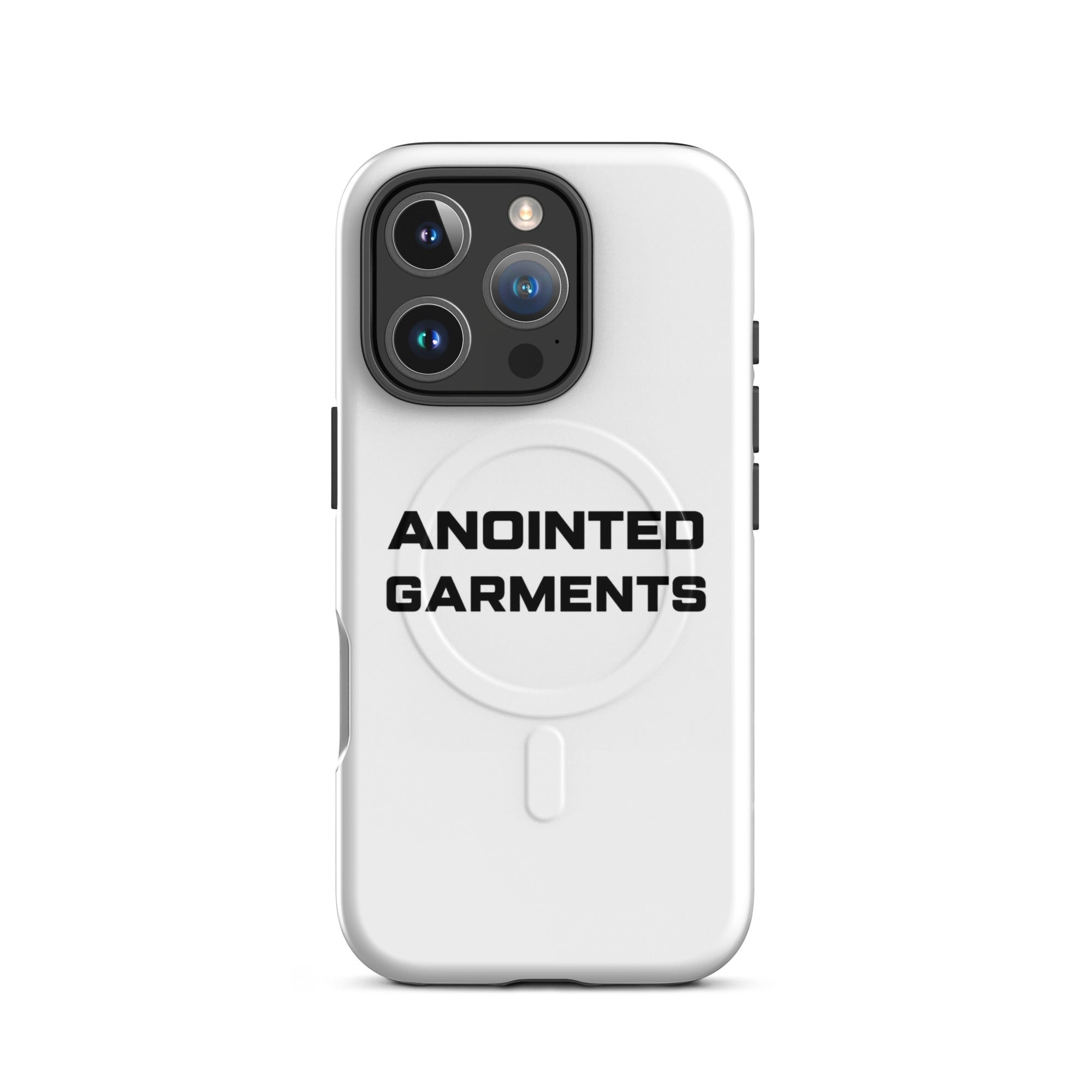 Anointed Garments white MagSafe compatible protective phone case with black logo branding