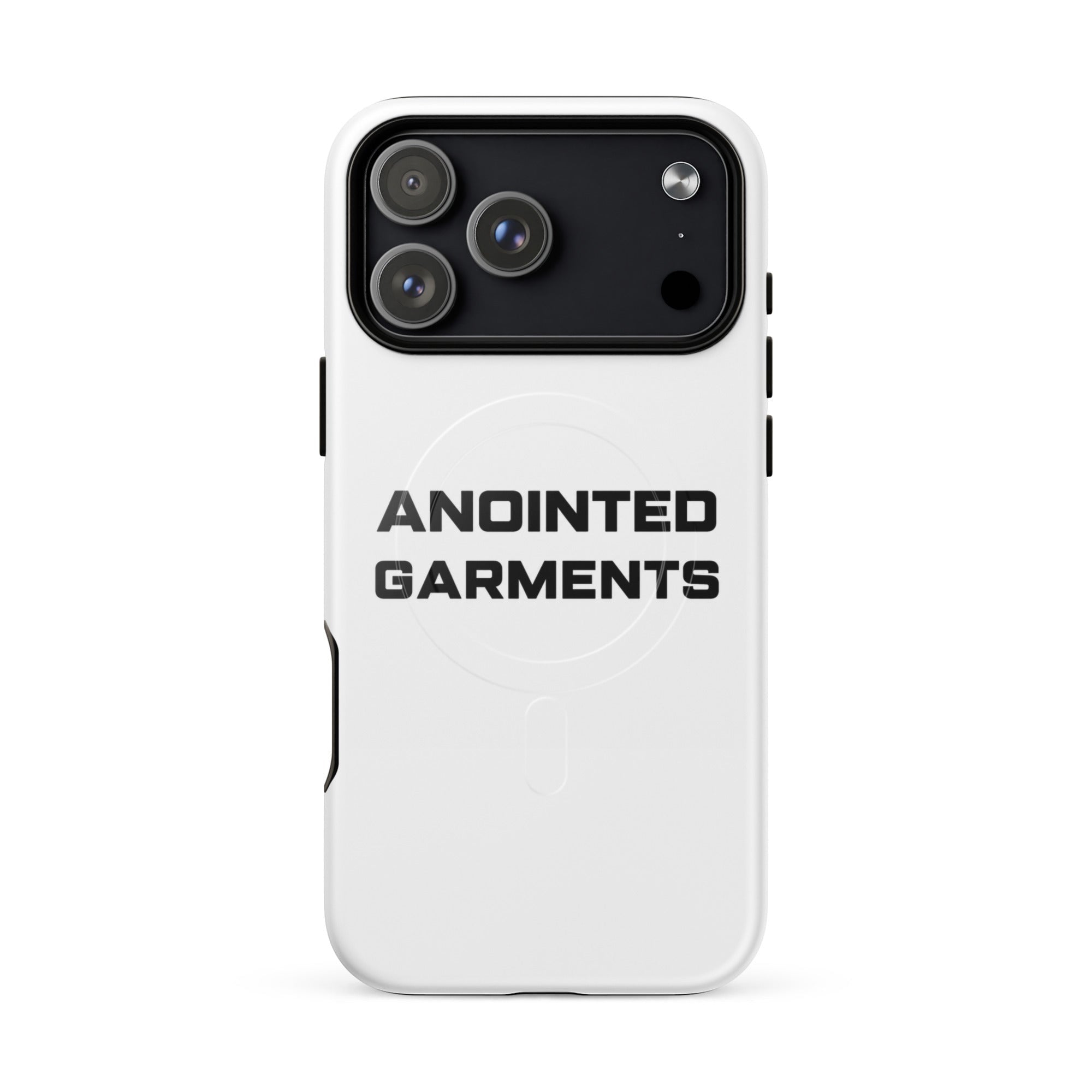 Anointed Garments white MagSafe compatible protective mobile phone case with black branding on the back