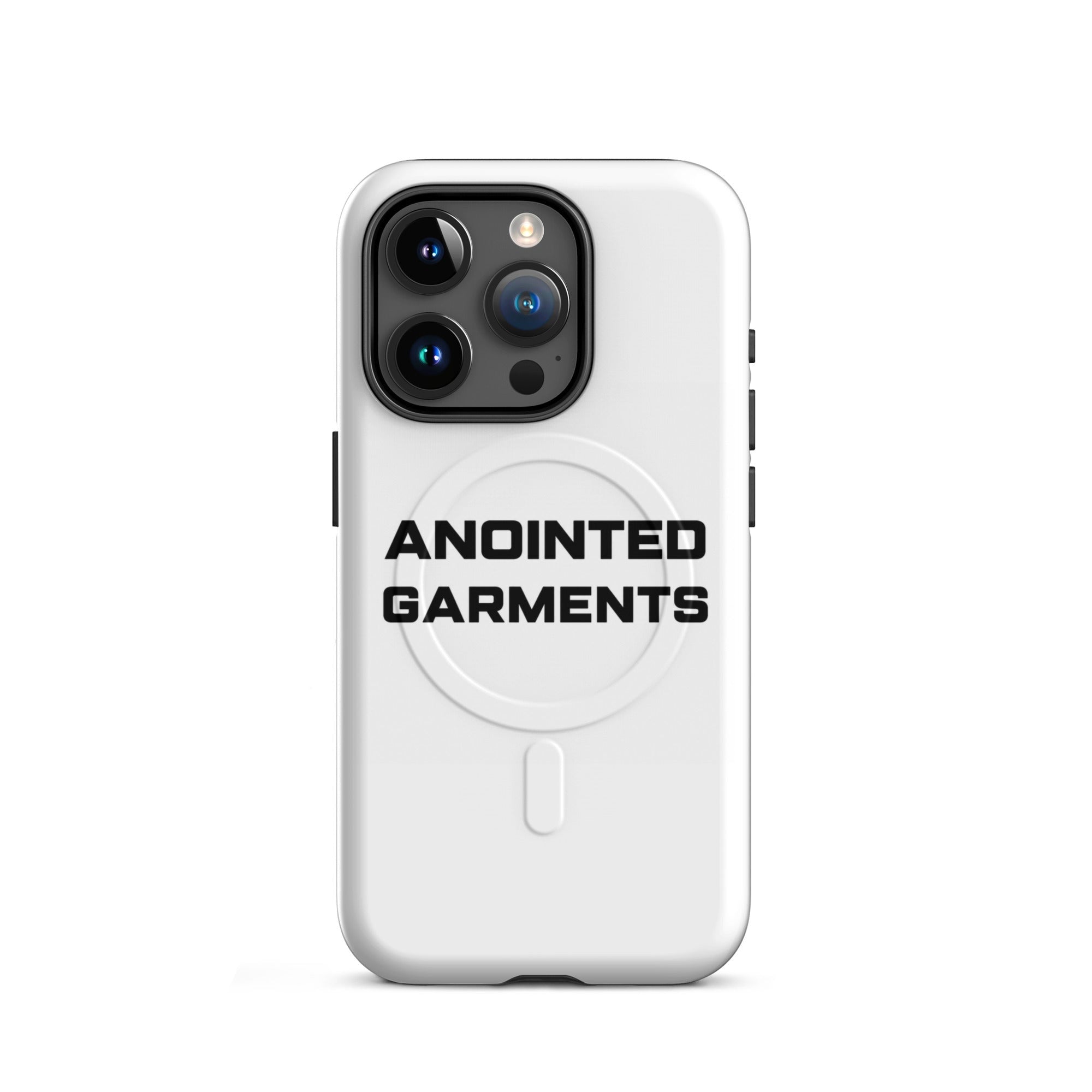 Anointed Garments white protective MagSafe mobile phone case with black branding on a clean background.