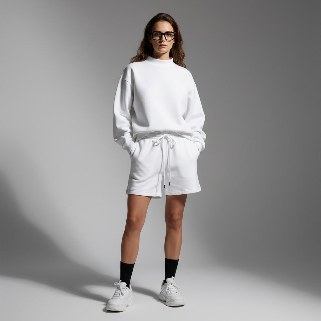 Anointed Garments white mock neck pullover sweatshirt worn by a model with matching shorts and white sneakers.