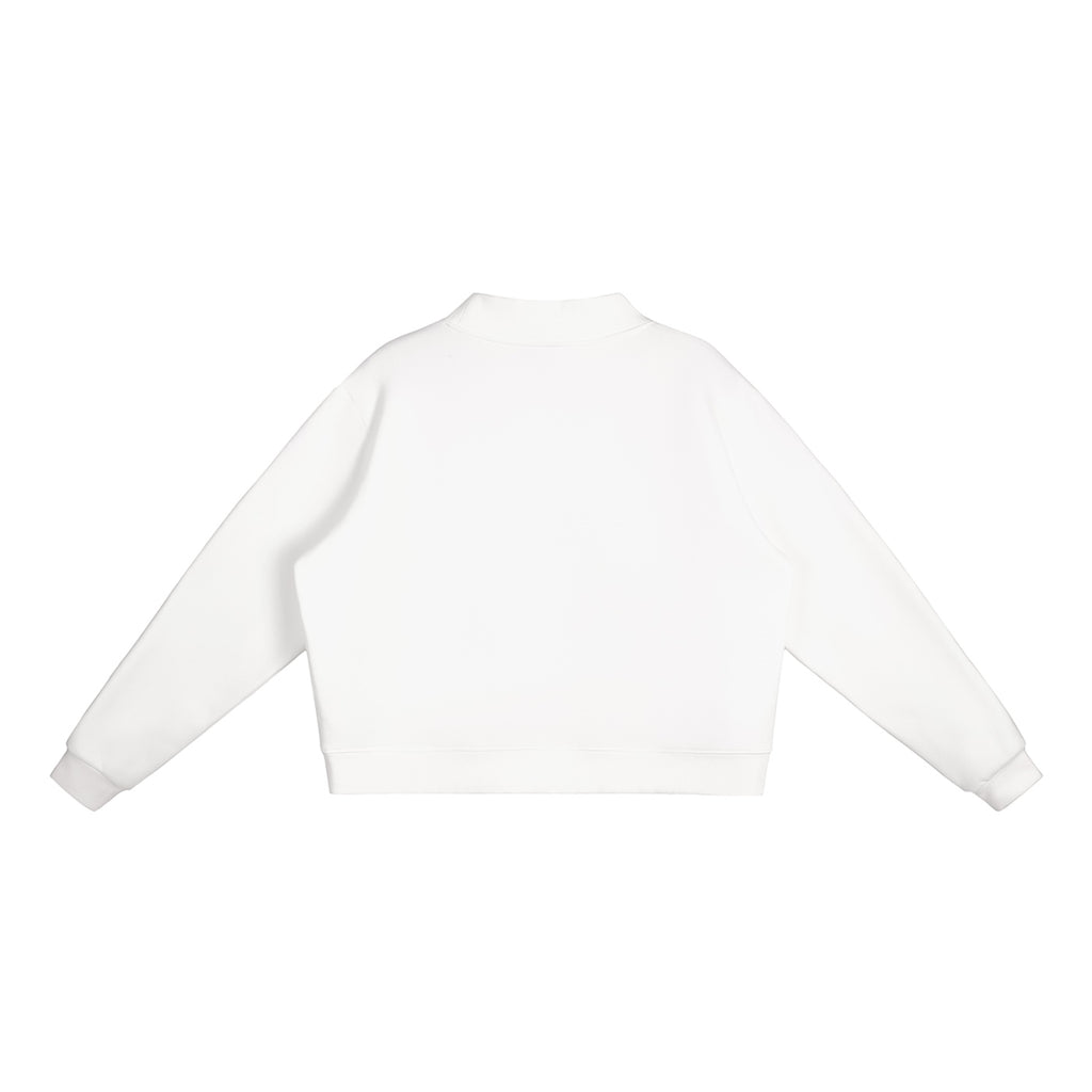 Anointed Garments white oversized mock-neck sweatshirt with drop shoulders and ribbed cuffs, back view.