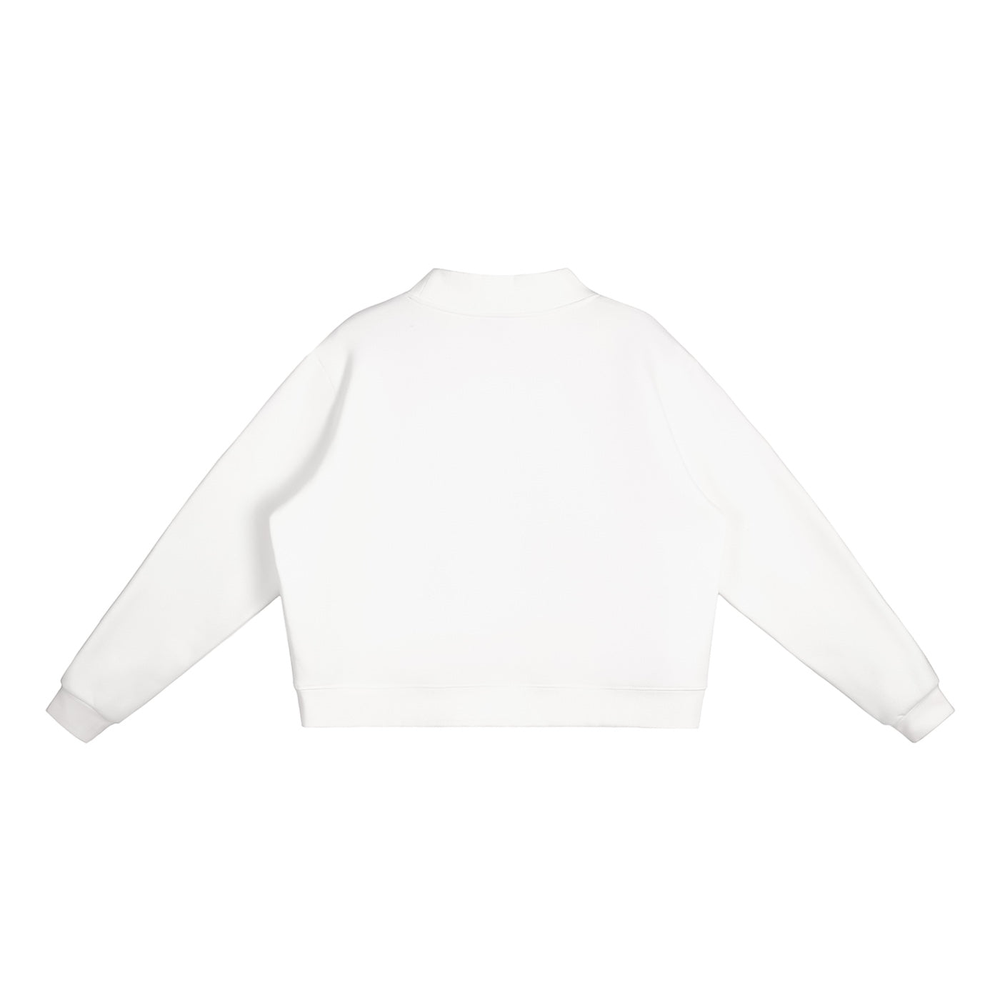 Anointed Garments white oversized mock-neck sweatshirt with drop shoulders and ribbed cuffs, back view.