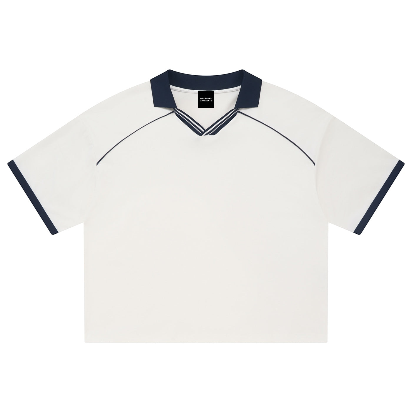 Anointed Garments short sleeve collared shirt in white with navy blue V-neck trim and athletic contrast detailing.