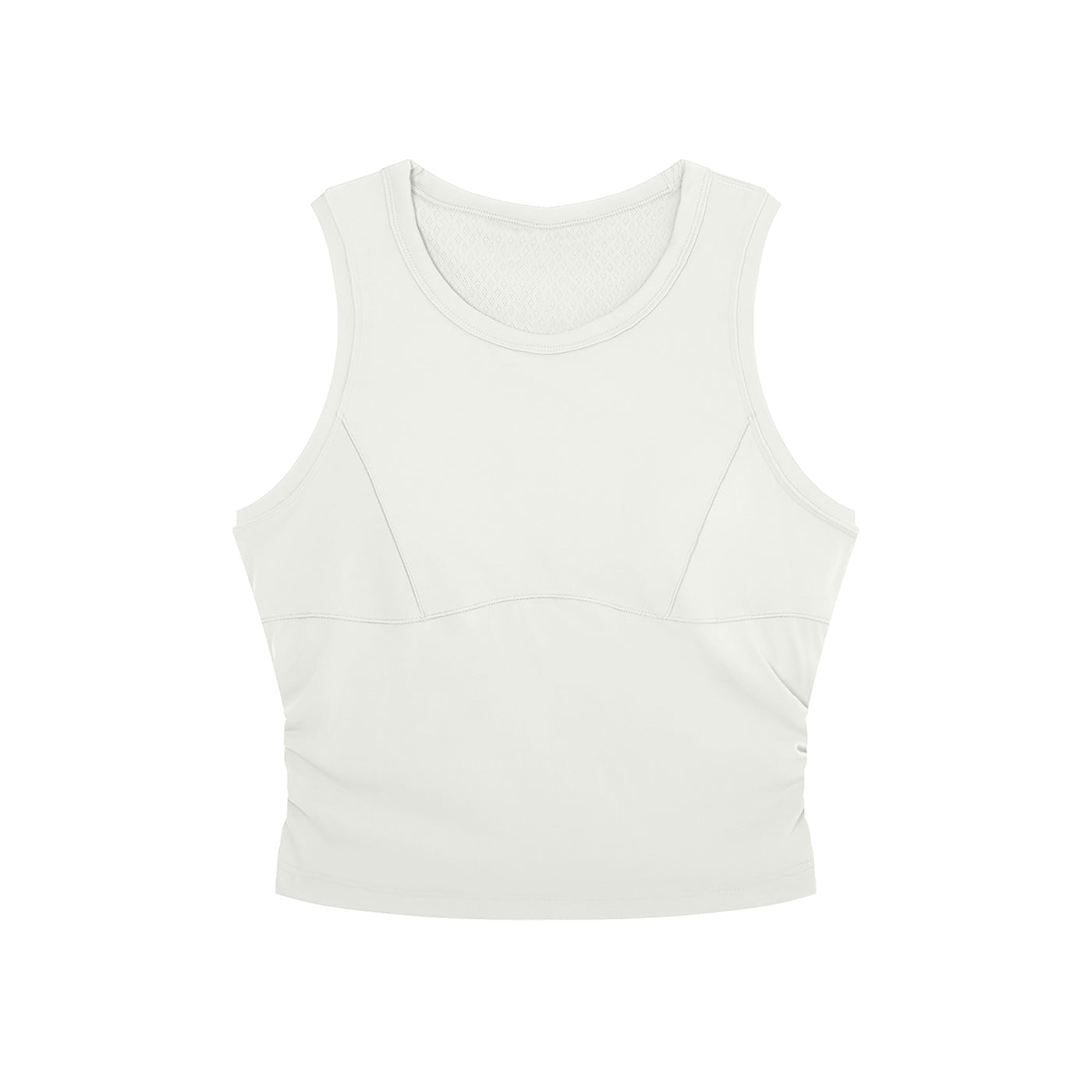 Anointed Garments white sleeveless performance crop top with a round neck and moisture-wicking fabric for workouts.