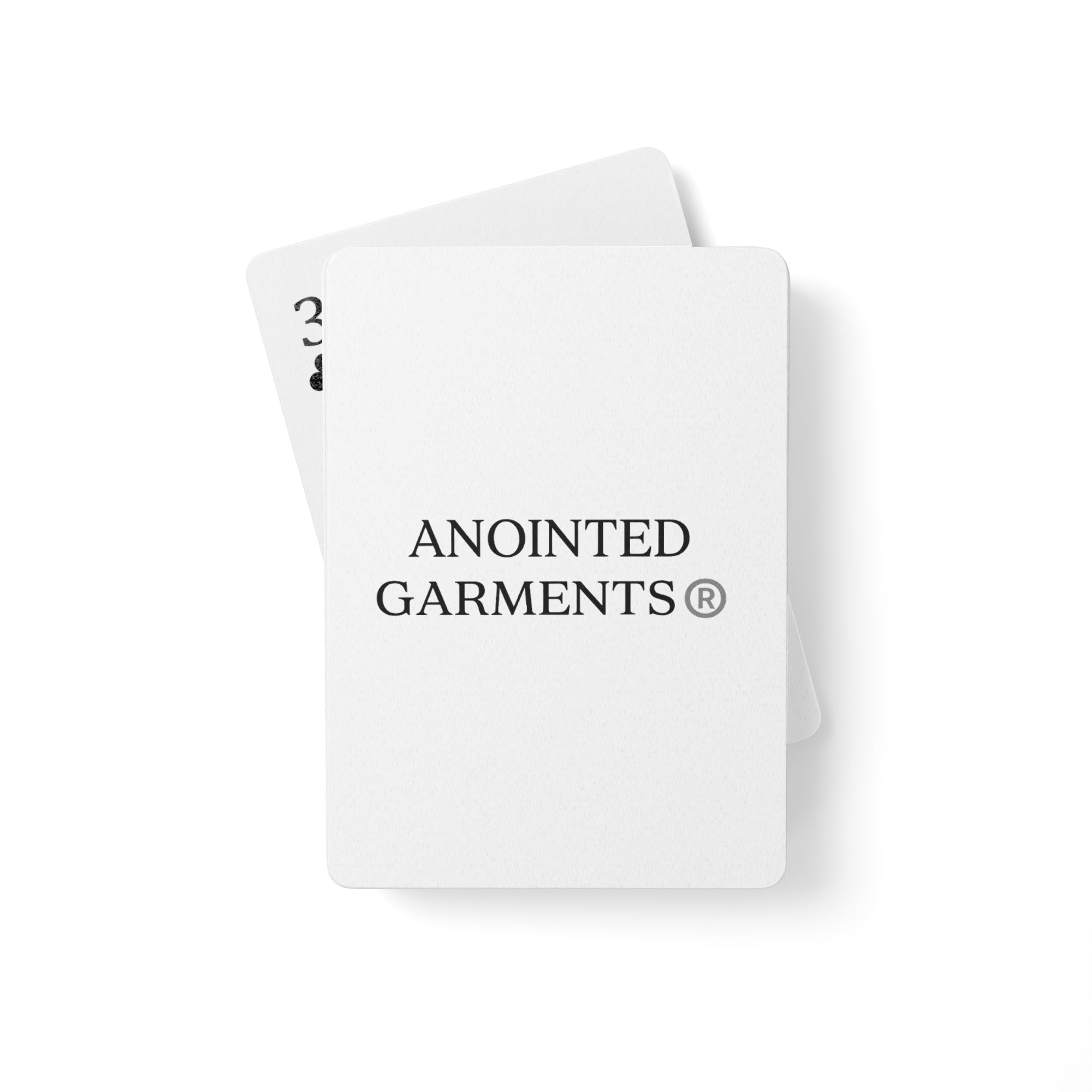 Anointed Garments branded white playing cards with a smooth finish, shown from the back design.