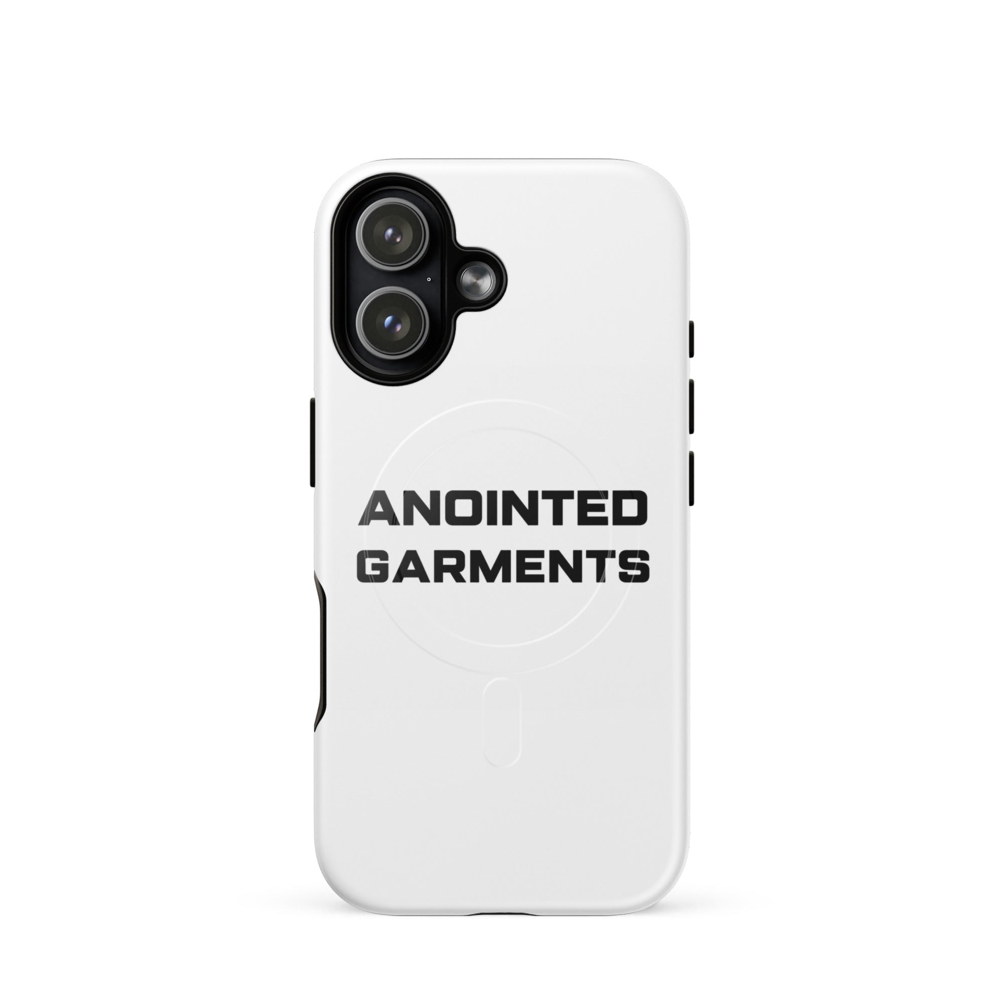 Anointed Garments white protective mobile phone case with dual-layer design and MagSafe compatibility.
