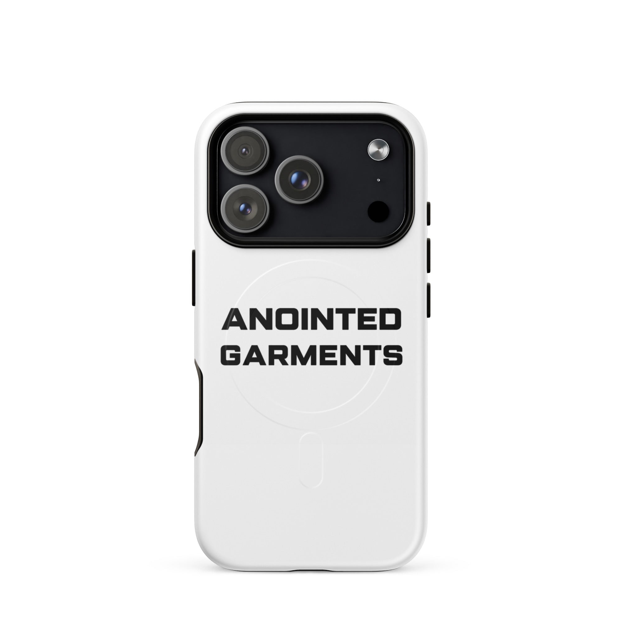 Anointed Garments white protective mobile phone case with black logo and MagSafe compatibility
