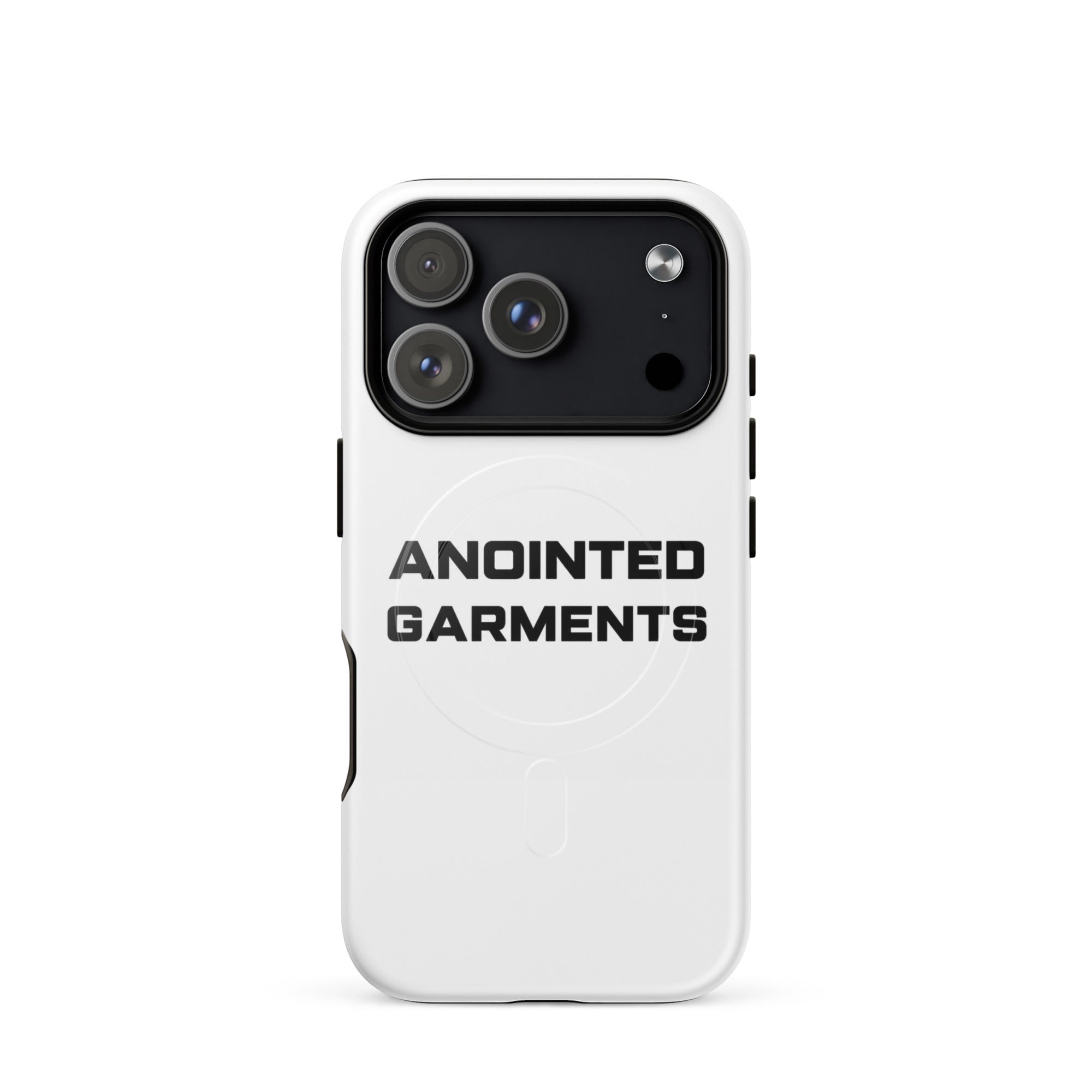 Anointed Garments white protective mobile phone case with black camera housing and brand logo on a white background