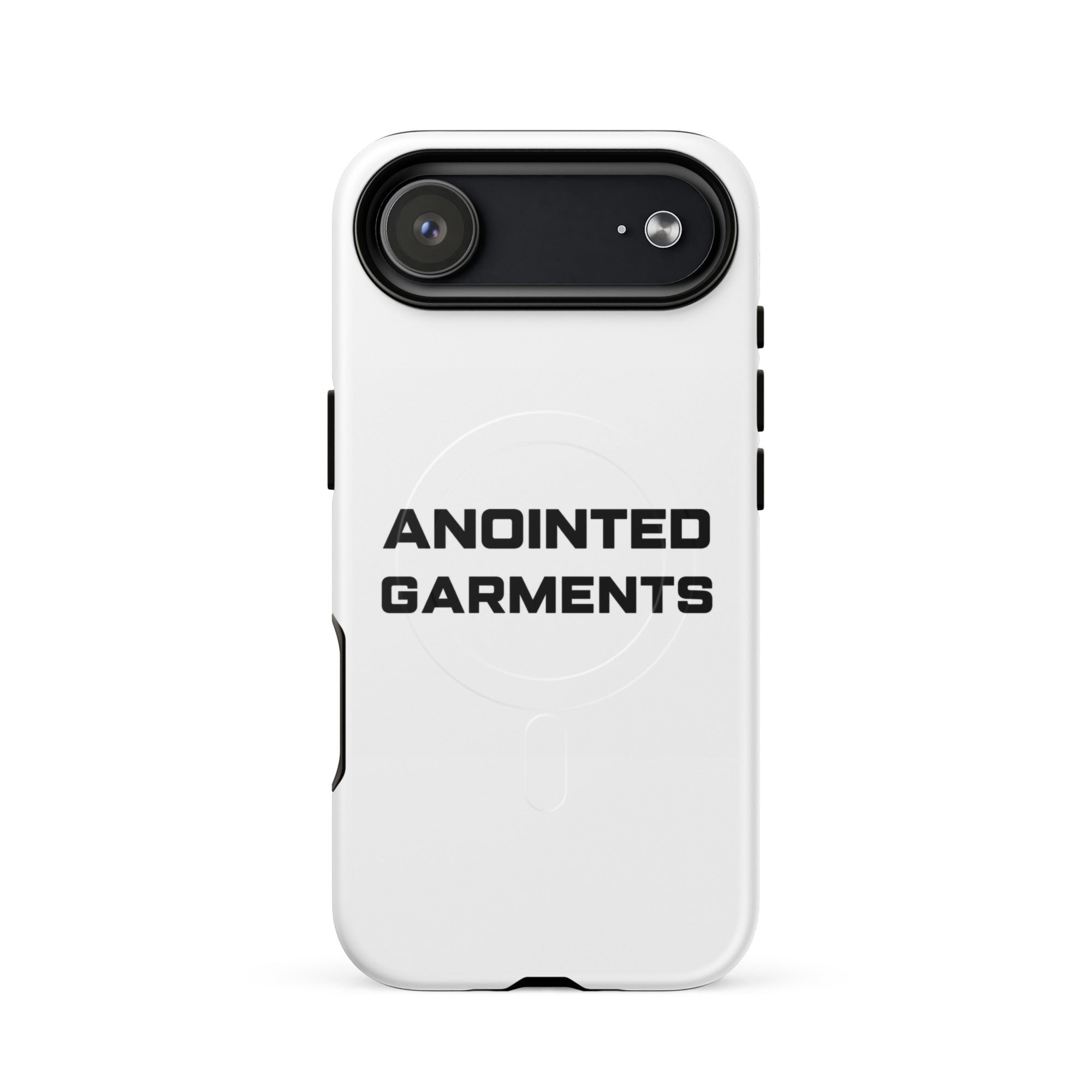 Anointed Garments white protective mobile phone case with black camera housing and minimalist branding.