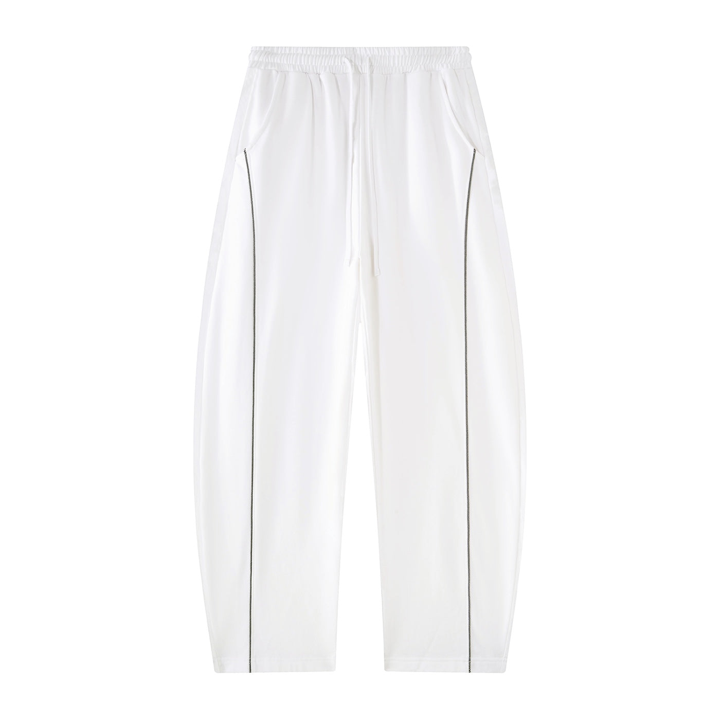 Anointed Garments white relaxed fit sweatpants with an elastic drawstring waist and vertical seam detailing.