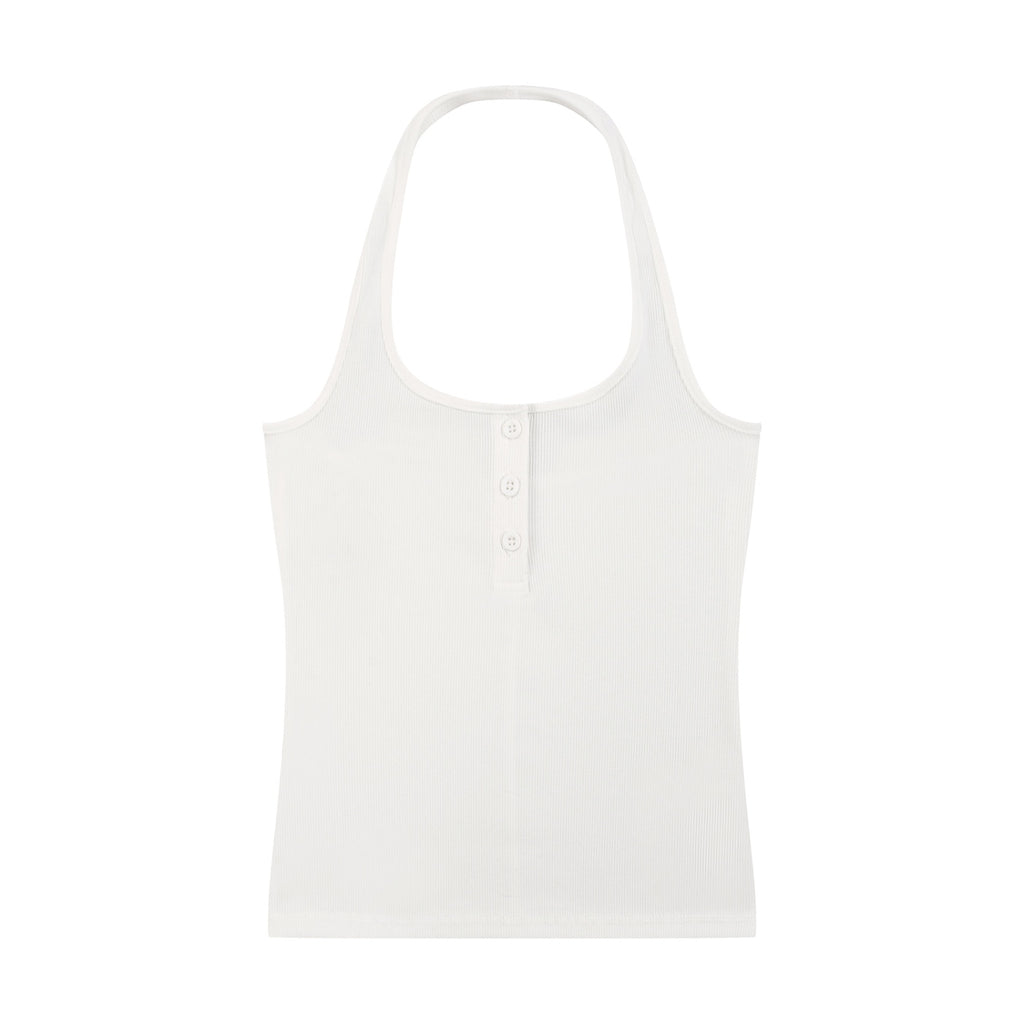 Anointed Garments white ribbed knit halter neck tank top with a button-front placket in a form-fitting silhouette.